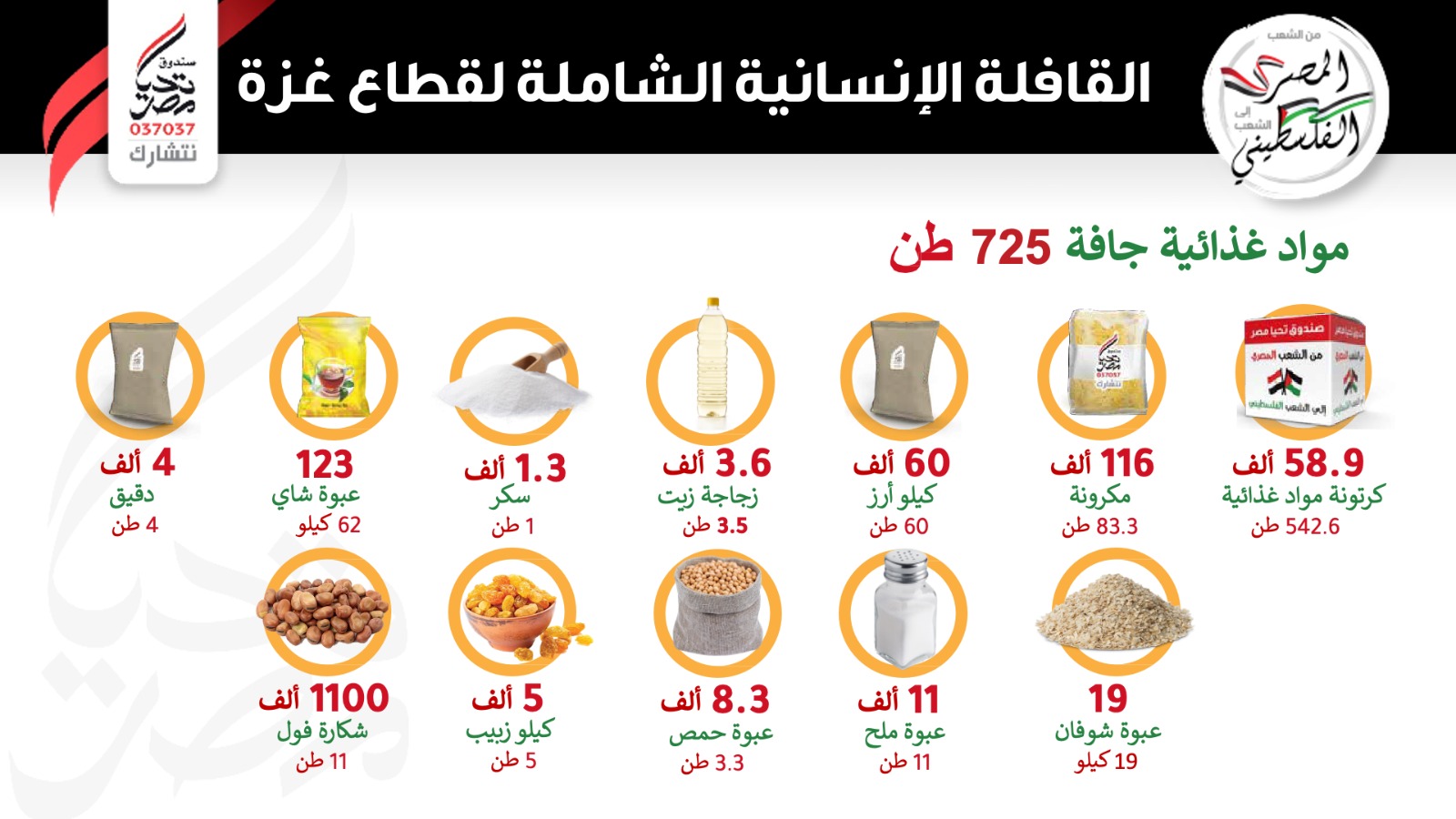 بالإنفو جراف … محتويات قافلة المساعدات الإنسانية الشاملة للأشقاء الفلسطينيين من صندوق تحيا مصر