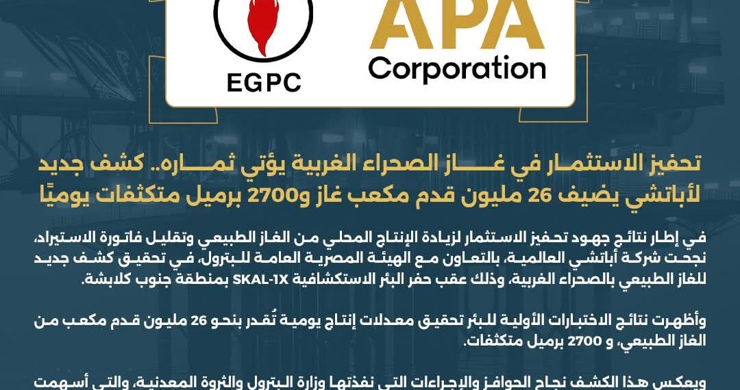 البترول كشف جديد لأباتشي في الصحراء الغربية يضيف 26 مليون قدم مكعب غاز يوميا