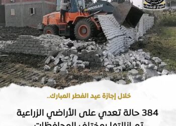 «الزراعة»: إزالة 384 حالة تعدٍ على الأراضي الزراعية خلال إجازة عيد الفطر