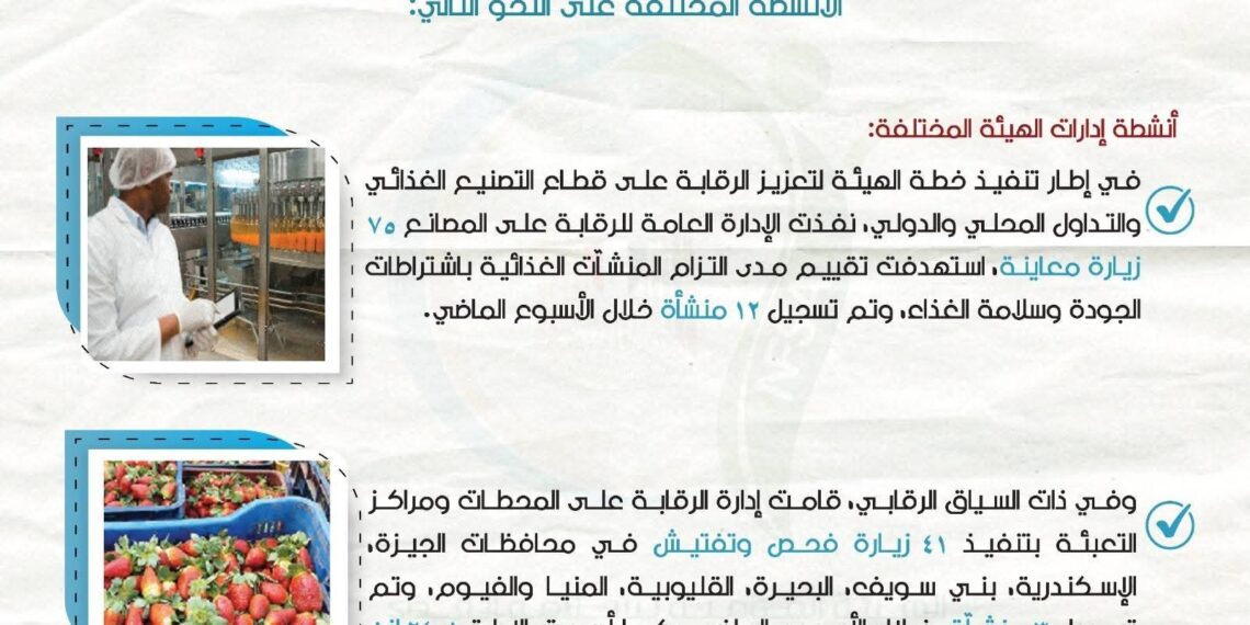 «سلامة الغذاء»: 230 ألف طن صادرات غذائية و384 منشأة تحت التفتيش خلال أسبوع